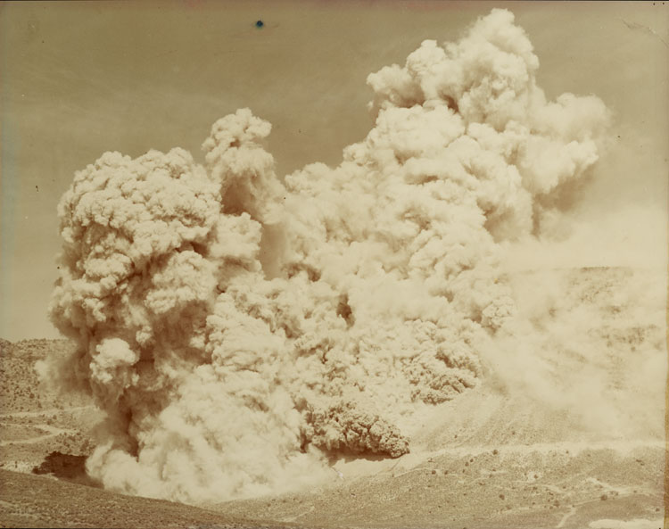 Shot Neptune, Operation Hardtack II — underground tunnel test 34 metres inside Rainier Mesa, Nevada Test Site (Area 12c), 14 October 1958; the emplacement failed and vented to the surface; yield about 115 tonnes of TNT equivalent. Credit: Unknown