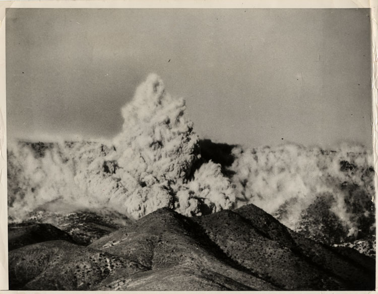 AP Newsfeatures press photograph of the venting cloud of Shot Blanca, 35th nuclear detonation of Operation Hardtack II, tunnel shot at 301 metres depth, Area 12e, Nevada Test Site, 30 October 1958. UCRL W-47 primary thermonuclear mockup test, 22 kt. Published October 25, 1959 in the context of nuclear moratorium inspection debates.