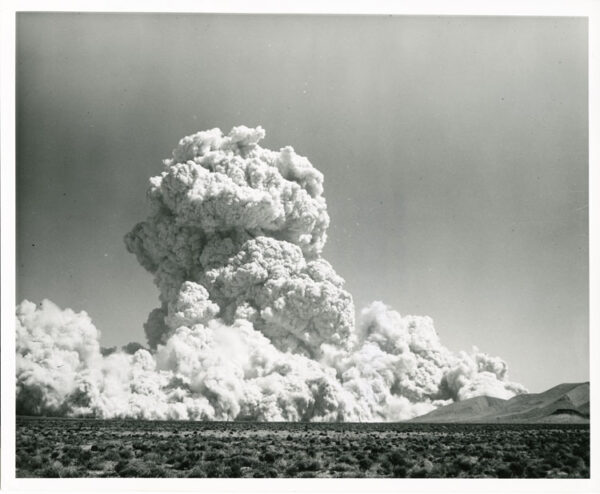 Shot Sedan, Operation Plowshare, 7 July 1962, Nevada Test Site, Area 10. Underground detonation, at the time the largest nuclear blast on Continental US soil. Photograph by the Defense Atomic Support Agency (DASA), classified "For Official Use Only" at time of issue.