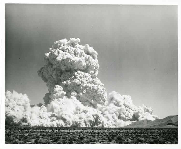Shot Sedan, Operation Plowshare, 7 July 1962, Nevada Test Site, Area 10. Underground detonation, at the time the largest nuclear blast on Continental US soil. Photograph by the Defense Atomic Support Agency (DASA), classified "For Official Use Only" at time of issue.