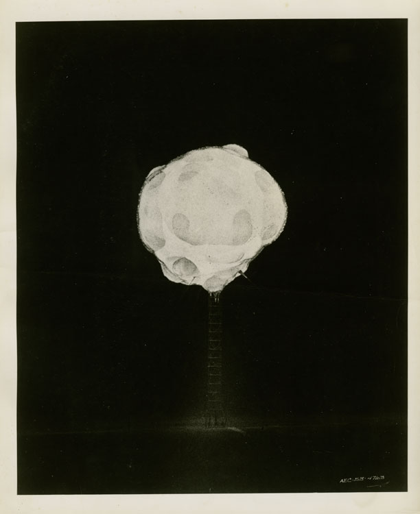 Rapatronic camera photograph of the fireball of Shot Harry, eighth nuclear detonation of Operation Upshot-Knothole, 91-metre tower, Area 3, Nevada Proving Ground, 19 May 1953. LASL Hamlet device, TX-13D design, 32 kt. Photographed by EG&G for the AEC. AEC-1953-47263.