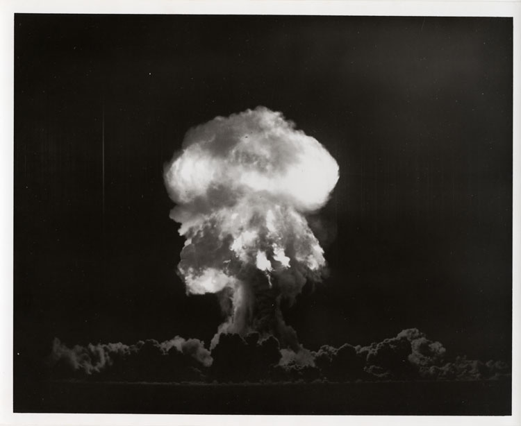 Fireball of Shot Owens, 11th nuclear detonation of Operation Plumbbob, 152-metre plastic balloon suspension, Area 9b, Nevada Test Site, 25 July 1957. UCRL boosted plutonium device, XW-51 progenitor, 9.7 kt. Lookout Mountain Air Force Station. AEC-57-7993.