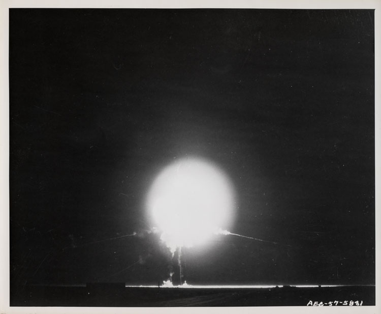 Fireball of Shot Wheeler, the 17th atomic test of Operation Plumbbob, detonated from a balloon at 500 feet above Yucca Flat, Nevada Test Site, 6 September 1957. Lookout Mountain Laboratory, USAF. AEC catalog number AEC-57-5821.