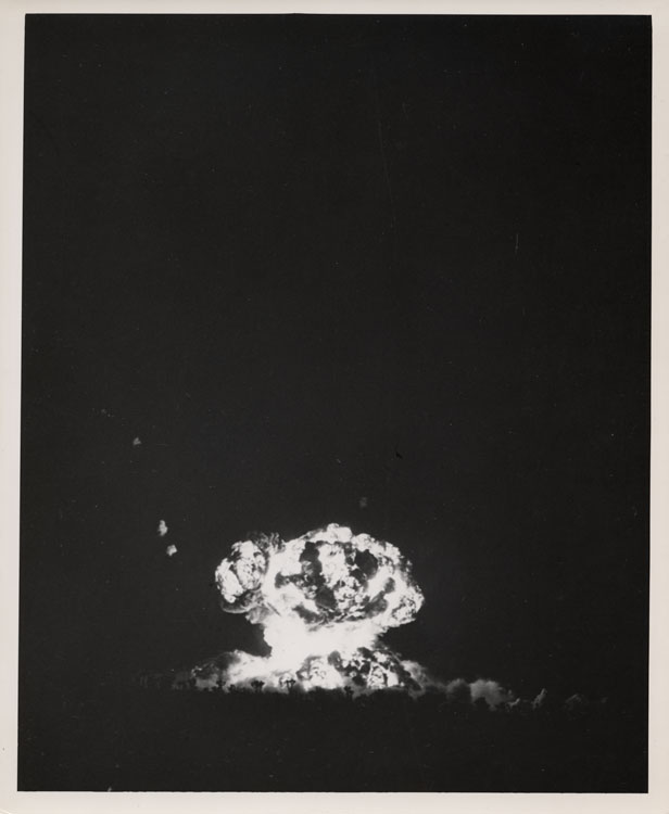 Mushroom cloud of Shot Easy, fifth nuclear detonation of Operation Tumbler-Snapper, 91-metre tower, Yucca Flat, Nevada Proving Ground, 7 May 1952. TX-12 prototype device BROK-1, 12 kt. Photograph taken from control point area. Los Alamos Scientific Laboratory. AEC-52-4480.