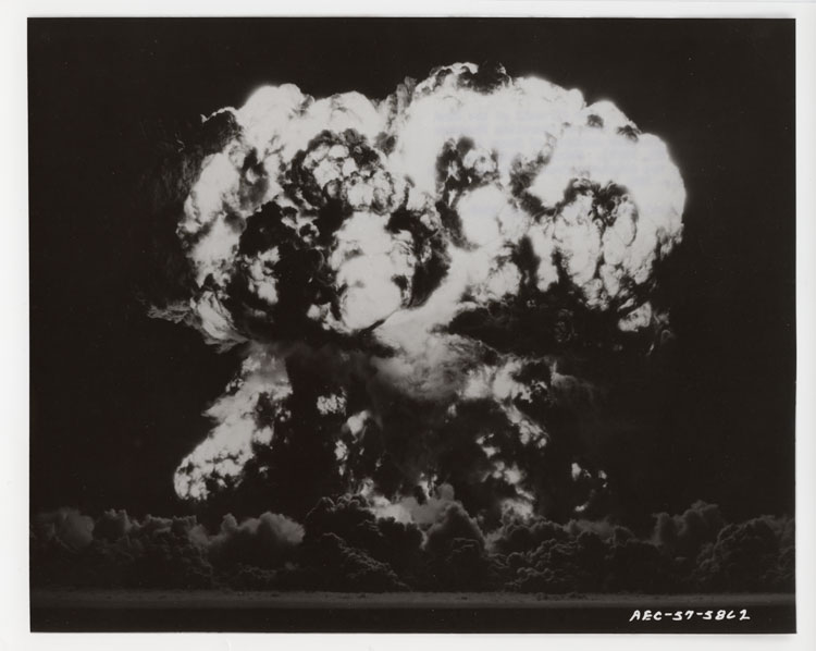 Mushroom cloud of Shot Whitney, 22nd full-scale nuclear test of Operation Plumbbob, 500-foot tower detonation, Yucca Flat, Nevada Test Site, 23 September 1957. UCRL boosted Swan primary in W-27 thermonuclear mockup, 19 kt. Lookout Mountain Laboratory, USAF. AEC-57-5862.
