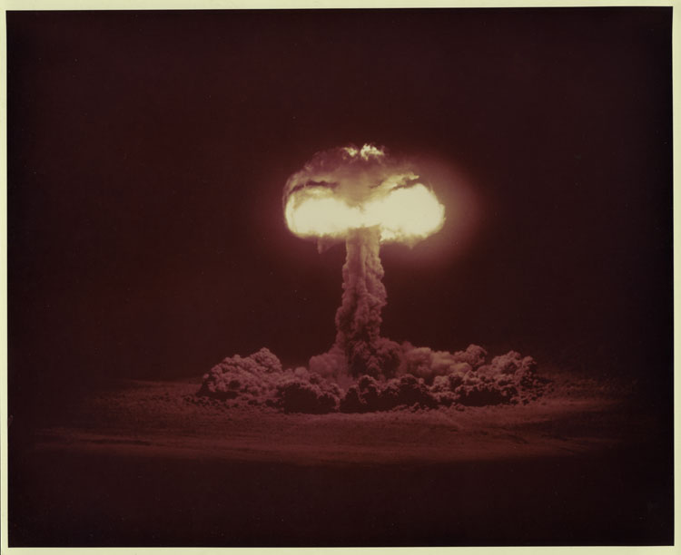 Color photograph of the mushroom cloud of Shot Hood, seventh nuclear detonation of Operation Plumbbob, balloon detonation at 457 metres, Area 9a, Nevada Test Site, 5 July 1957. Largest atmospheric nuclear test ever conducted on the continental United States. UCRL two-stage thermonuclear device, 74 kt.