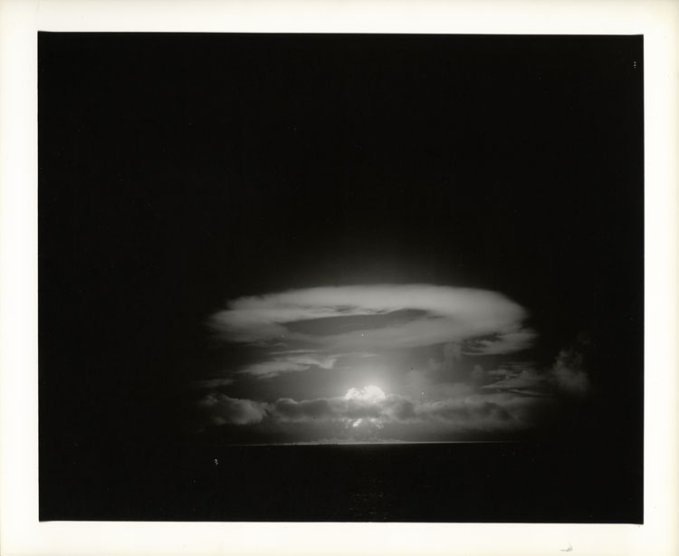 Fireball of Shot Item, fourth nuclear detonation of Operation Greenhouse, 61-metre tower, Enjebi Island, Enewetak Atoll, 25 May 1951. First demonstration of fusion boosting, 45.5 kt. Joint Task Force Three. AEC-53-4595.
