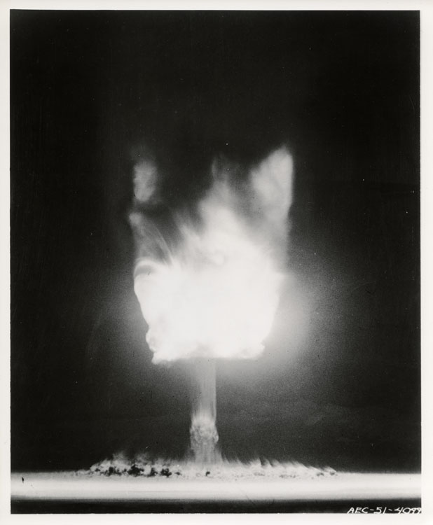 Shot Fox, fifth and final nuclear detonation of Operation Ranger, airburst at 437 metres, Frenchman Flat, Nevada Test Site, 6 February 1951. LASL Freddy device, Mk 6 HE assembly, 22 kt. Los Alamos Scientific Laboratory. AEC-51-4077.