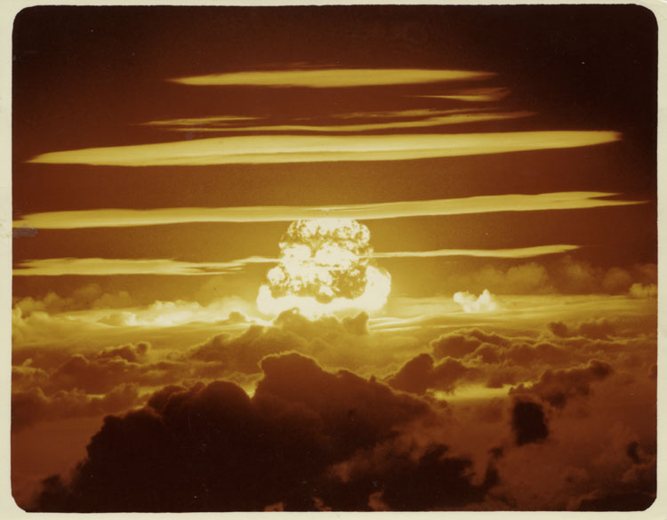 Color photograph of the mushroom cloud of Shot Dakota, Operation Redwing, barge detonation, Bikini Atoll lagoon, 26 June 1956. TX-28C thermonuclear prototype, W-28 warhead development, 1.1 Mt. Photographed from 40.9 kilometres from ground zero. Declassified working print. Internal reference 23-DPV-45-7.