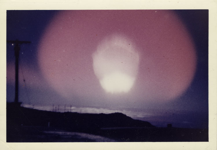 Color photograph of the Teak fireball and atmospheric glow as seen from Haleakalā Observatory, Maui, Hawaii, 1,256 kilometres from Johnston Island, 1 August 1958. Hardtack I high-altitude rocket test, Redstone missile, 3.8 Mt at 76.8 km altitude. Furnished by Edgerton, Germeshausen & Grier, Inc.