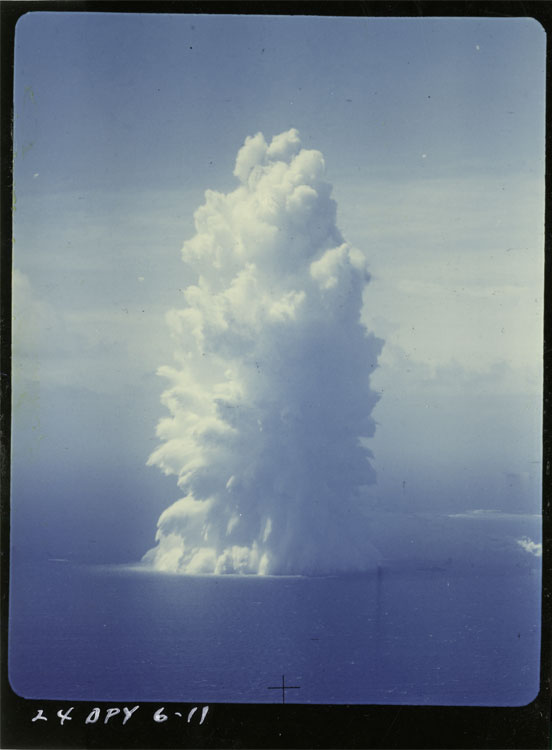 Color photograph of the water column of Shot Umbrella, Operation Hardtack I, underwater detonation at 46 metres depth, Enewetak lagoon, Pacific Proving Ground, 9 June 1958. Mk-7 device, 8 kt. Photographed from 6,100 metres from ground zero. AFSWP archive print, declassified. Negative No. DPY 6-11, Project No. 24.
