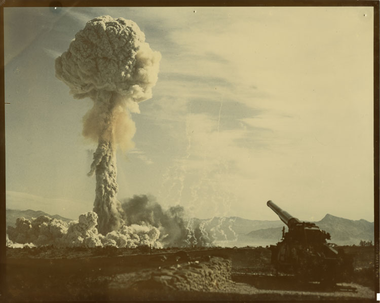 Mushroom cloud of Shot Grable, ninth nuclear detonation of Operation Upshot-Knothole, Nevada Test Site, 25 May 1953. First test of the Mk-9 280mm nuclear artillery shell, fired from the M65 artillery piece. Gun-type fission assembly, 15 kt airburst. Internal reference 30-18-DPY-29-15.