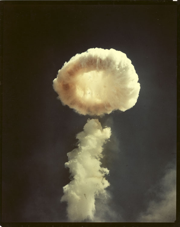 Color photograph of the mushroom cloud of Shot Charlie, third nuclear detonation of Operation Buster-Jangle, B-50 airdrop at 345 metres, Area 7, Nevada Proving Ground, 30 October 1951. Mk-4 composite core device PC, 14 kt. U.S. Army Signal Corps photograph, Signal Corps File No. C-7045.
