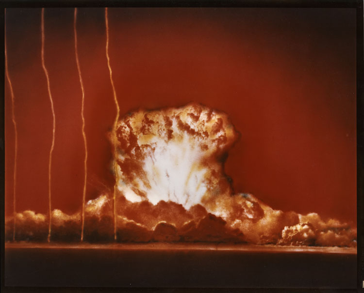 Shot Annie, Operation Upshot-Knothole, 17 March 1953. Open shot, 91-metre tower, Yucca Flat. XR3 device, 16 kt. Blast measurement rocket trails visible. Strangelove Collection.