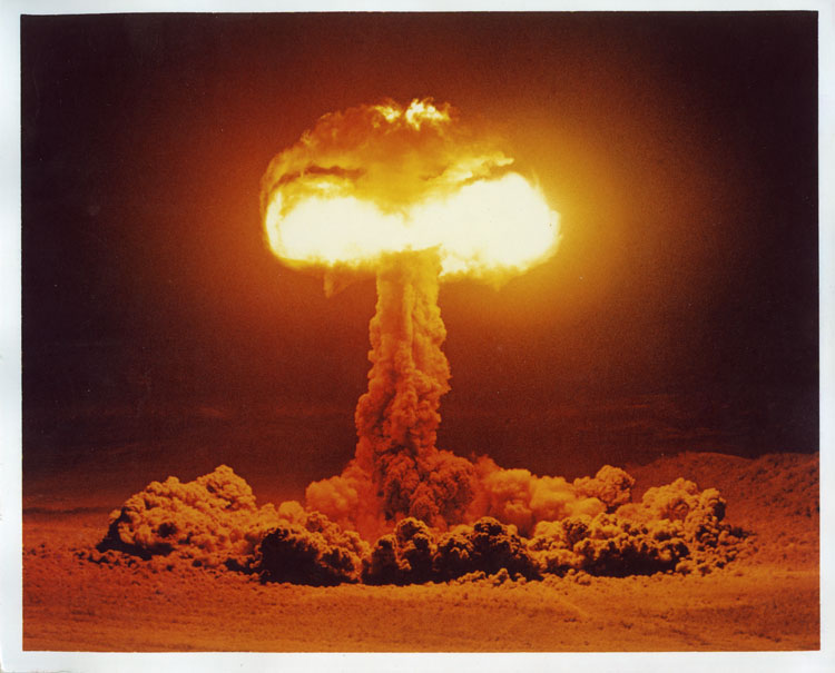 Color photograph of the mushroom cloud of Shot Hood, seventh nuclear detonation of Operation Plumbbob, balloon detonation at 457 metres, Area 9a, Nevada Test Site, 5 July 1957. Largest atmospheric nuclear test ever conducted on the continental United States. UCRL two-stage thermonuclear device, 74 kt. Dye Transfer Print