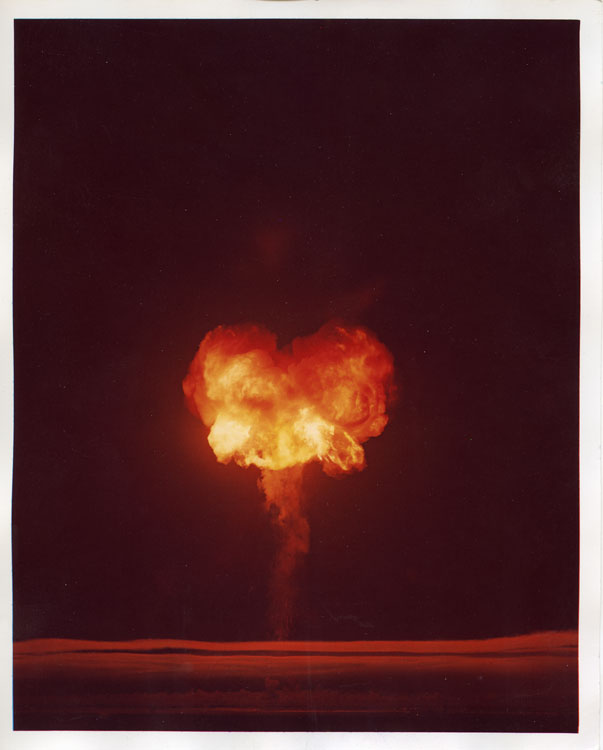 Color dye transfer photograph of Shot Socorro, 22nd nuclear detonation of Operation Hardtack II, balloon detonation at 442 metres, Area 7b, Nevada Test Site, 22 October 1958. First successful full-yield test of the XW-54 primary, 6 kt. Colorage Inc., Burbank, California, File No. 9B-78. AEC official photography, declassified.