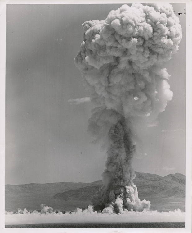 Mushroom cloud of Shot Small Boy, third nuclear detonation of Operation Sunbeam, near-surface burst at 3 metres, Frenchman Flat, Area 5, Nevada Test Site, 14 July 1962. DOD missile silo hardening test, 1.65 kt. Photographed at H+45 seconds, looking eastward.