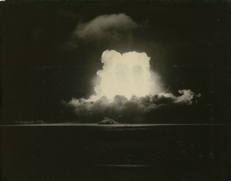 Dispersing nuclear cloud from Operation Sandstone, Joint Task Force Seven, Enewetak Atoll, 1948. Photograph caption identifies this as one of the three experimental tower shots — X-Ray, Yoke, or Zebra — without specifying which. Joint Task Force Seven photograph, partial catalog reference JTF-427. No catalog number visible.