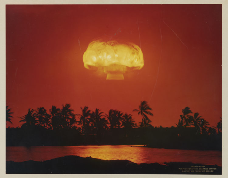 Shot Bluestone, Operation Dominic — B-52 air-dropped thermonuclear detonation over the Pacific near Christmas Island, 30 June 1962; yield 1.27 megatonnes. Credit: Air Photographic and Charting Service, Military Air Transport Service (USAF).