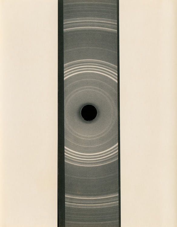 X-ray diffraction print of a uranium alloy, showing crystal structure. Eldorado Nuclear Limited Metallographic Laboratory, 1968.